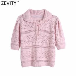 Zevity Women Sweet Turn Down Collar Bow Tied Hollow Out Jacquard Knitting Short Sweater Female Chic Casual Pullovers Tops SW710 210603