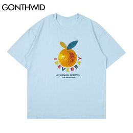 GONTHWID Hip Hop Tshirts Harajuku Cartoon Fruit Orange Print Streetwear Tees Shirts Men Fashion Summer Cotton Short Sleeve Tops C0315