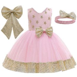 Children Sequined Bowknot Princess Dress For Girls Wedding Dress Kids Toddler Baby Girls Birthday Party Dresses 1 2 3 4 5 Year Q0716