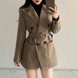 Korean OL Plaid Work Woollen Blazer Jacket Women Casual Double-breasted Sashes Suit Coat Female Slim Vintage Outwear 210514