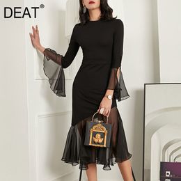 DEAT Women Black Patchwork Gauze Trumpet High Dress New Round Neck Butterfly Sleeve Slim Fit Fashion Tide Summer 7E1093 210428