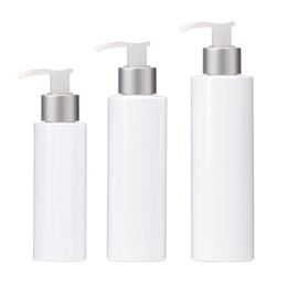 Packaging Plastic Bottle White Color Flat Shoulder PET Matte Silver Collar Clear Lotion Press Pump Empty Cosmetic Refillable Portable Container 100ml 150ml 200ml