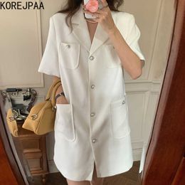 Korejpaa Women Dress Summer Korean Chic French Style Suit Collar Multi-Pocket Design Single-Row Pearl Button Loose Vestidos 210526