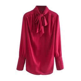 Women elegant solid red blouse long sleeve bow tie collar female basic chiffon shirt stylish chic tops blusas 210430