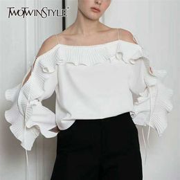 TWOWINSYLE Ruched Patchwork Ruffle Shirt For Women Slash Neck Long Sleeve Elegant Shirts Female Fashion Clothing 210524