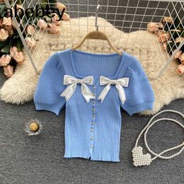 Korean Style Short Knitted Sweaters Women Thin Cardigan Fashion Sleeve Sun Protection Crop Top Ropa Mujer 210715
