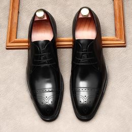 Black Colour Men Oxford Shoes Brogues Lace Up Formal Shoes Genuine Leather Wedding Business Platform Dress Shoes Men