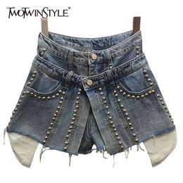 TWOTWINSTYLE Fake Two Denim Short For Women High Waist Patchwork Rivet Casual Shorts Female Fashion Clothing Summer 210625