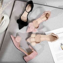 Heels Women Shoes Fluffy Fur Ball Sexy Elegant Square High Heels Faux Suede Leather Point Toe Black Beige Pink Pumps 210520