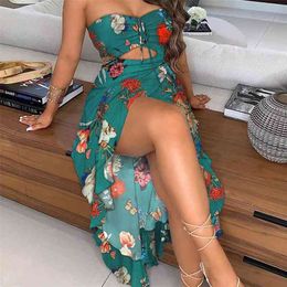 Women Print Floral Dress Ruched Tube Female Lace Up Sleeveless Backless Off The Shoulder Dresses Stylish Lady Summer Vestidos 210712