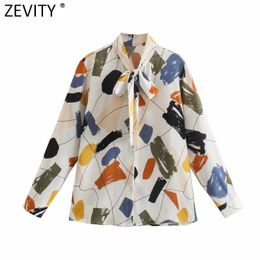 Zevity Women Elegant Bow Collar Graffiti Print Breasted Shirts Office Ladies Casual Slim Blouse Roupas Chic Chemise Tops LS9111 210603
