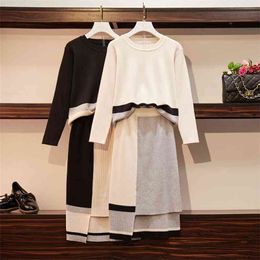 High Quality Autumn Winter Knitted Two Piece Outfits Loose Long Sleeve Sweater Pullover + Irregular Skirt 2 Set Women 210514