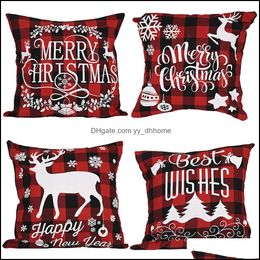 Pillow Case Bedding Supplies Home Textiles & Garden Christmas Black And Red Buffalo Plaid Linen Cushion Er For Sofa Couch Xmas Decor 18 Inch