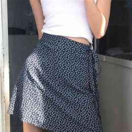 Summer elegant short sexy Lady side tied rope print skirt women's printed A-line female mini s womens 210508