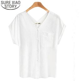 Fashion women shirts Plus size summer Ladies tops chiffon short harajuku V neck white 3870 50 210510