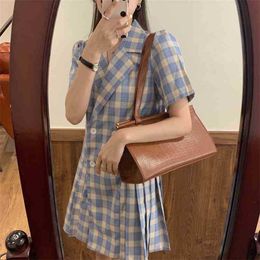 Plus Size Femme Plaid Color-Hit Stylish Pleated Summer Gentle All Match Streetwear Slim Sexy Chic Mini Dresses 210525