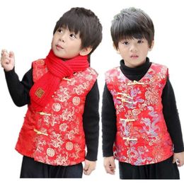 Red Celebration Children Vest Coat Chinese Year Baby Boy Clothes Winter Thick Kids Outfits Outwear Kid Waistcoat Dragon 211203