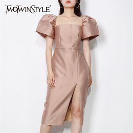 Sexy Split Dress For Women Square Collar Puff Sleeve High Waist Summer Dresses Female Fashion Clothing Style 210520