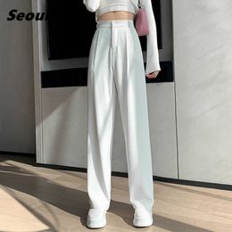 Seoulish 2021 New Spring Summer White Wide Leg Women's Pants High Waist Button Female Elegant Minimalism Office Work Trousers Q0801