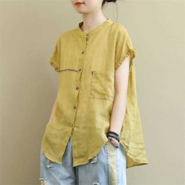 Summer Arts Style Women Stand Collar Loose Shirts Batwing Sleeve Vintage Cotton Linen Blouses Femme Tops Big Size M133 210512