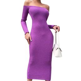 Women Pencil Dress Slim Fit Off-the-Shoulder Long Sleeve Purple Bag Hip Slash Neck Elegant Fashion Clothing 210522