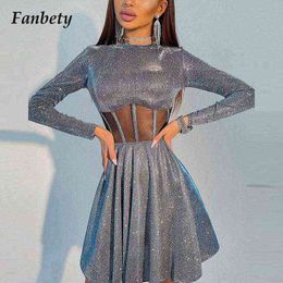 2021 Fashion Sexy New Shiny Bright Fluffy Dress Elegant Waist Hollow Out Mesh Stripe Mini Dress Women Pleated Ruffle Party Dress Y1204