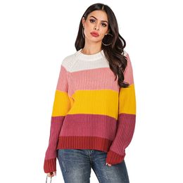 Winter Clothes Women Loose Casual Knitted Pullover Long Sleeve Striped Patchwork Sweater Girl Green Warm Crew-Neck 210604