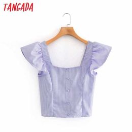 Tangada Women Retro Plaid Crop Shirt Ruffles Short Sleeve Summer Chic Female Slim Shirt Tops 4Y02 210609