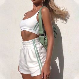 Casual Drawstring Biker Shorts Set Sportswear Halter Crop Top + Summer Athleisure Outfits Solid Two Piece Set 220315