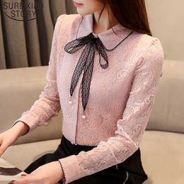 Autumn Winter Long Sleeve Lace Women Shirts Print Bow Hollow Women Blouses Sexy Elegant Office Lady Women Tops 6958 50 210527