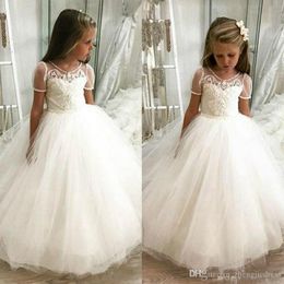 Flower Girl Dresses For Weddings Ball Gown Princess Floor Length White Lace Tulle Appliques Short Sleeve Party Pageant Gowns