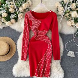 Women's Autumn/Winter Knitted Dresses Striped European Slim Fit Short Hip Sexy Club Tube Vestidos Female PL574 210506