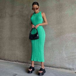 Knitted Midi Elegant Casual Dress for Women 2022 Summer Fashion Sleeveless O Neck Sexy Outfits Bodycon White Dresses y2k Clothes Y220304