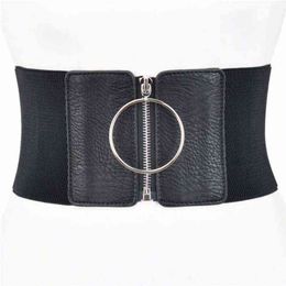 Women Ultra Wide Belt For Dresses Ladies Elastic Belts Female Big Metal Circle Ring Black Cummerbund Waist Strap G220301