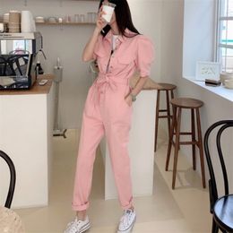 High quality casual Jumpsuits Overalls rompers womens jumpsuit short Sleeve Summer Single-breasted long pants Female 210519