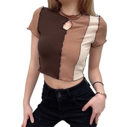 Kayotuas Women T-Shirt Skinny Slim Fit Summer Casual Turtleneck Color Block Patchwork Ruffles Short Sleeve Fashion Tops 210522