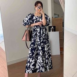 Korean Chic Casual Lady Robe Lantern Sleeve Loose Print Dress Trendy Clothing Square Collar Ink Printing Summer 210510