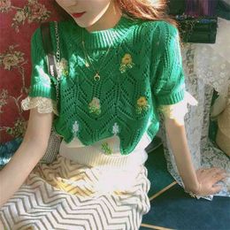 Thin green sweater lace embroidery summer style Korean fashion short-sleeved knitted top women's clothing 210520