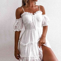 White Dress Women Summer Embroidered Hollow Wrapped Strap Splicing short Sleeve Pleated Lace mini Dress vestidos de fiesta 210514