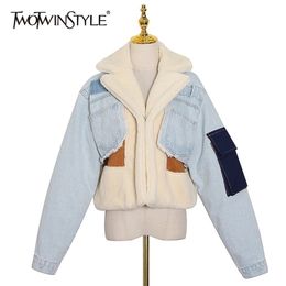 TWOTYLE Patchowrk Lambswool Denim Jacket For Women Lapel Long Sleeve Tassel Casual Coat Female Winter Fashion 211014