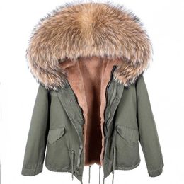 MAOMAOKONG Fashion Damen-Mantel mit echtem Pelzkragen, natürlicher Waschbär, großer Winter-Parka-Bomberjacke 211110