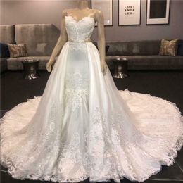 Strapless Neck Lace Appliques Mermaid Wedding Dress Bridal Gowns 2022 With Detachable Train