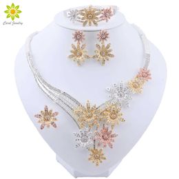 Dubai Fashion Women Necklace Wedding Party Jewellery Set Flower Shape Bracelet Earrings Romantic Wedding Ring Jewellery H1022