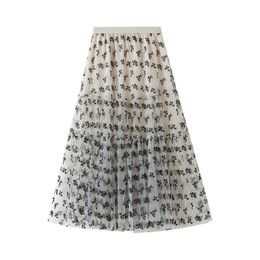 Floral printed Tulle Skirts Women Pleated Black Skirt Spring Fashion Elastic High Waist Mesh Tutu 210524
