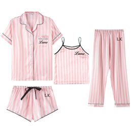 4 Piece Personalised Name Women Sleepwear Faux Silk Satin Pyjamas Set Sleeve Suit Female Homewear 210830