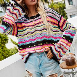Aproms Multi Color Blocked Knitted Pullover Women Summer Casual Flare Sleeve Hollow Out Sweater Cool Girls Fashion Jumper 2021 X0721