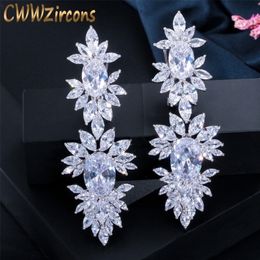 CWWZircons Luxurious Clear Cubic Zircon Stone Setting Long Wedding Drop Dangle Earrings with Marquise Shape Zirconia CZ322 210317