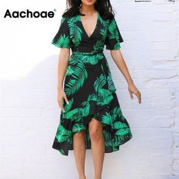 Aachoae Summer Floral Print Beach Long Dress Women Sexy Deep V Neck Party Dress Short Sleeve Casual Boho Bandage Dress Vestidos 210325