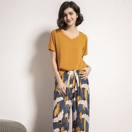 Spring And Summer Cartoon Crane Printed Ladies Pajamas Set Short Sleeve Top+Pants 2Pcs Soft Loose Homewear Casual Wear 210809