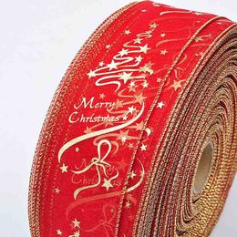 2M Christmas Red Ribbon With Printing Gauze For Christmas Tree Decoration Bow-knot Gift Package Party Supplies